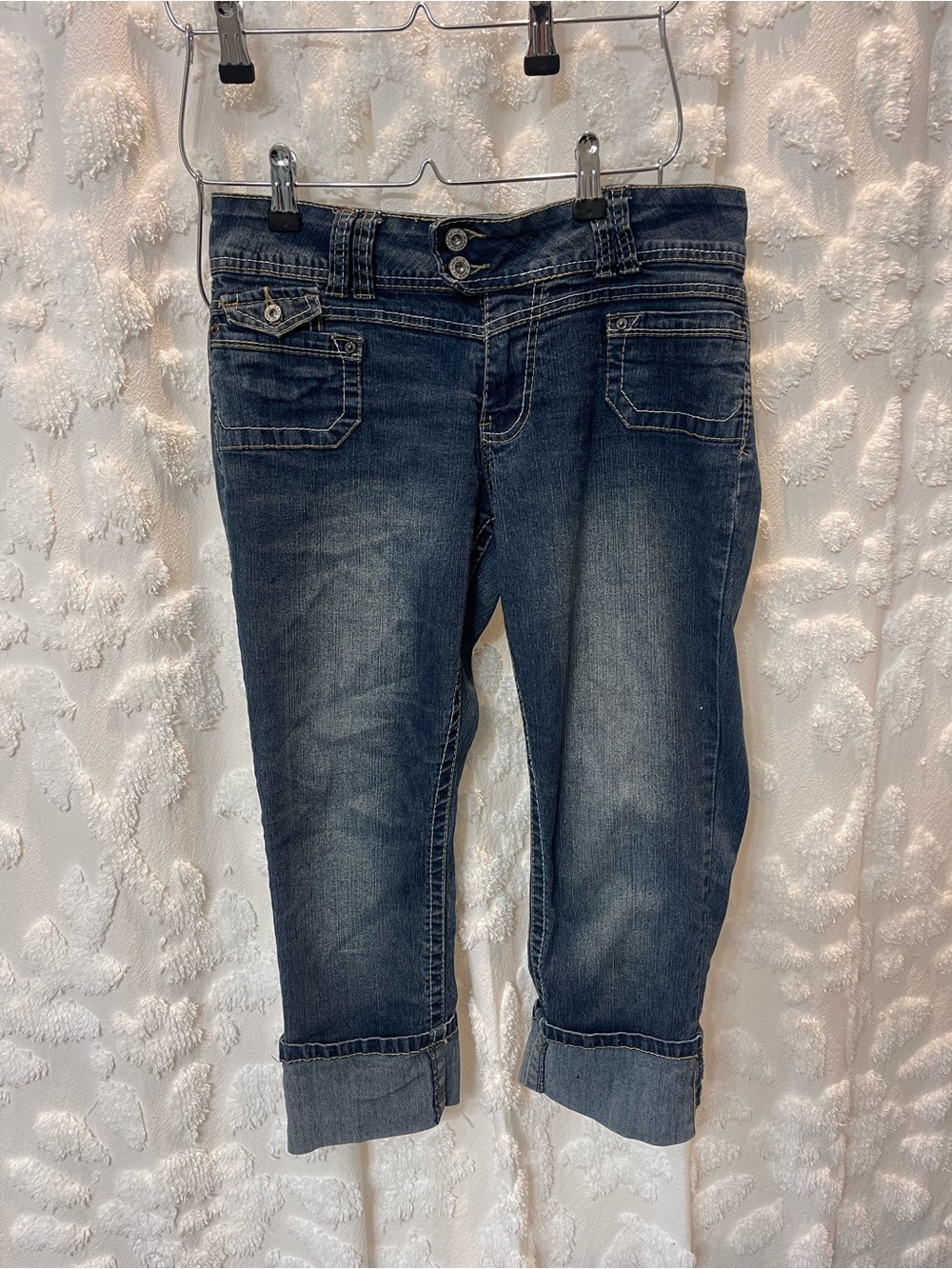Low rise Angels Jeans blue capri jeans with button detail